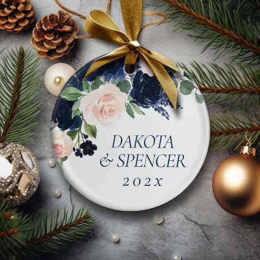 Chique Blooms | Navy Blue en Blush Floral Monogram Keramisch Ornament