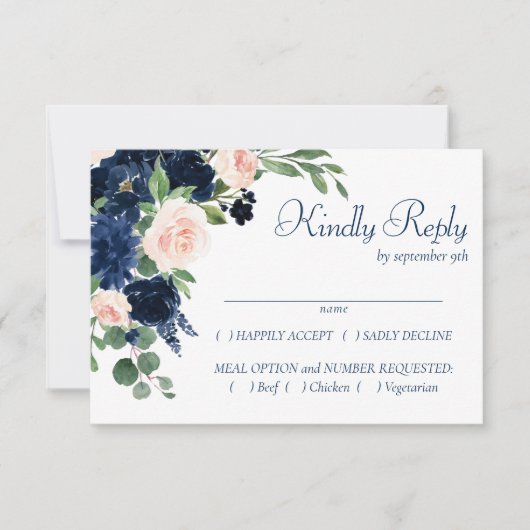 Chique Blooms | Navy Blue en Blush Lijst Entree RSVP Kaartje (Voorkant)