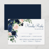 Chique Blooms | Navy Blue en Blush Lijst Entree RSVP Kaartje (Voorkant / Achterkant)