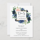 Chique Blooms | Navy Blue en Blush Monogram Foto Kaart (Voorkant)