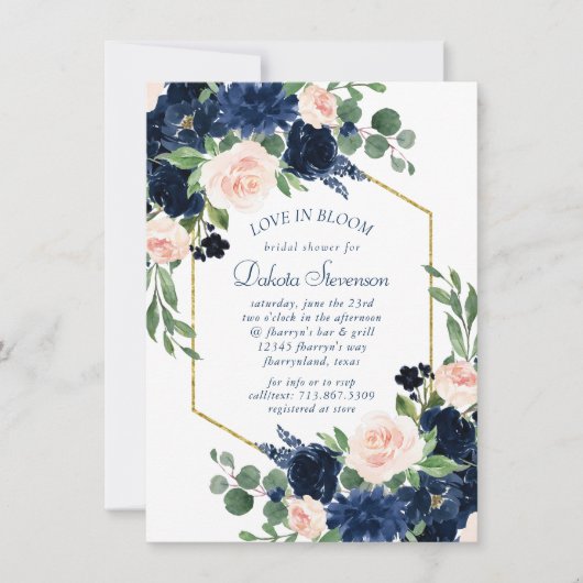 Chique Blooms | Navy Blue en Blush Pink Baby showe Kaart (Voorkant)