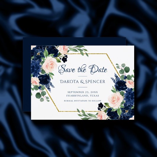 Chique Blooms | Navy Blue en Blush Pink Floral Save The Date
