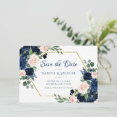 Chique Blooms | Navy Blue en Blush Pink Floral Save The Date (Staand voorkant)