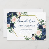 Chique Blooms | Navy Blue en Blush Pink Floral Save The Date (Voorkant)