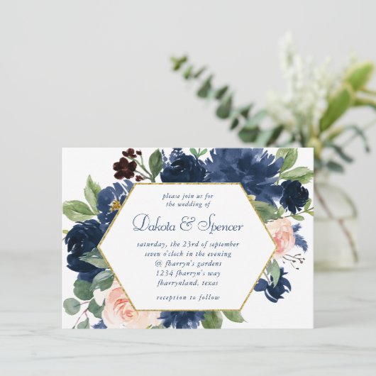 Chique Blooms | Navy Blue en Blush Pink Gold Lijst Kaart (Staand voorkant)