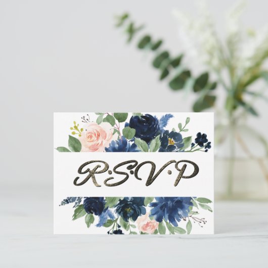 Chique Blooms | Navy Blue en Blush Pink Reactie Briefkaart (Staand voorkant)