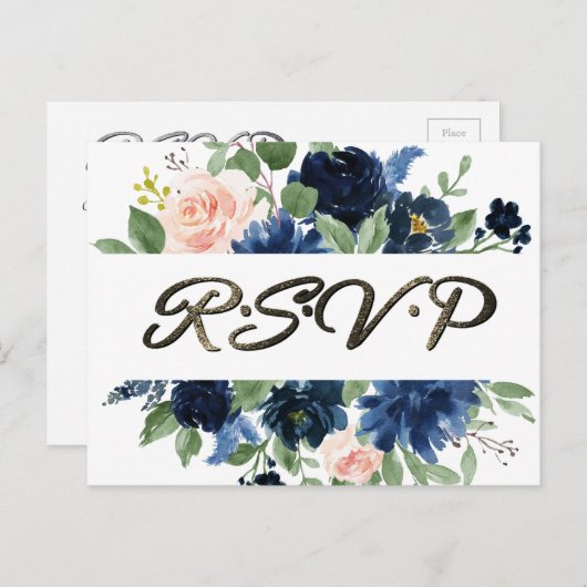 Chique Blooms | Navy Blue en Blush Pink Reactie Briefkaart (Voorkant / Achterkant)