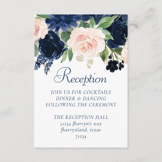 Chique Blooms | Navy Blue en Blush Pink receptie Informatiekaartje (Voorkant)