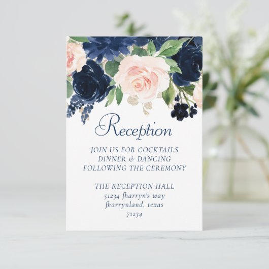 Chique Blooms | Navy Blue en Blush Pink receptie Informatiekaartje (Staand voorkant)
