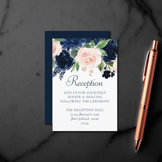 Chique Blooms | Navy Blue en Blush Pink receptie Informatiekaartje