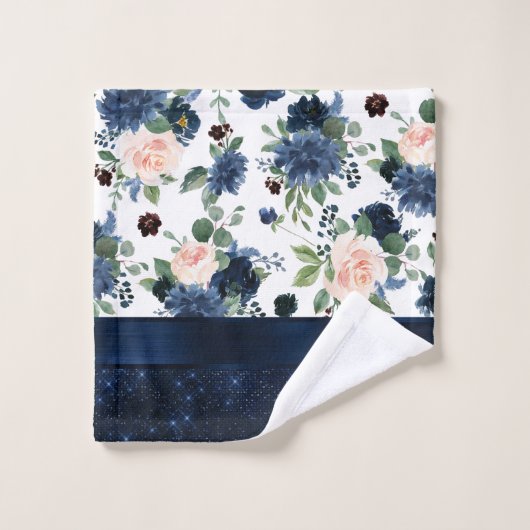 Chique Blooms | Navy Blue en Blush Roos Shimmer Bad Handdoek (Wasdoekje)