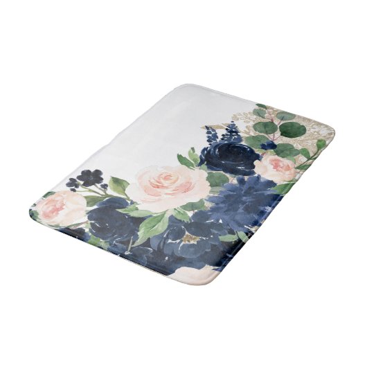 Chique Blooms | Navy Blue en Blush Roos Shimmer Badmat (Gekanteld)