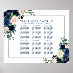 Chique Blooms   Navy en Blush Bloemen Zitkaarten Poster