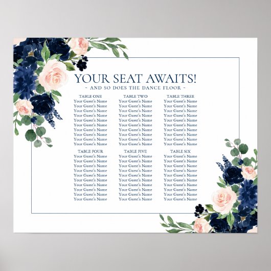 Chique Blooms | Navy en Blush Bloemen Zitkaarten Poster (Voorkant)