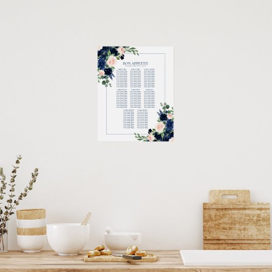 Chique Blooms | Navy en Blush Bloemen Zitkaarten Poster (Keuken)