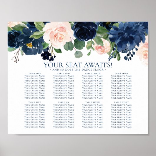 Chique Blooms | Navy en Blush Bloemen Zitkaarten Poster (Voorkant)