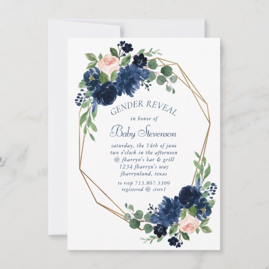 Chique Blooms | Navy en Blush Pink Gender onthulle Kaart (Voorkant)