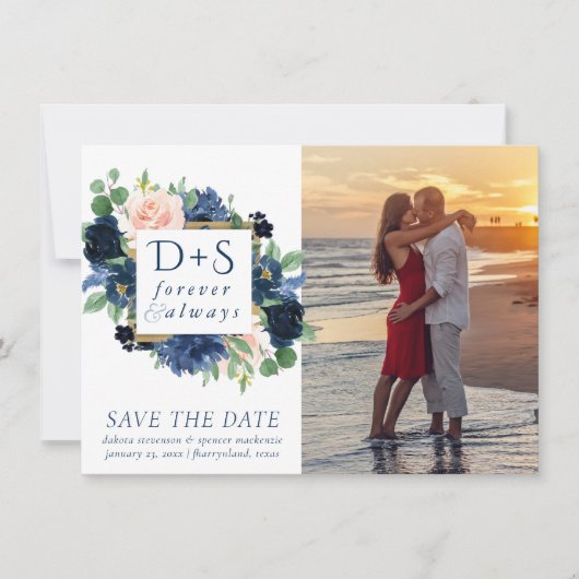 Chique Blooms | Romantisch Navy Blue en Blush 2 Fo Save The Date (Voorkant)