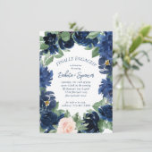 Chique Blooms | Romantisch Navy Wreath Verloving Kaart (Staand voorkant)