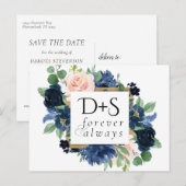 Chique Blooms | Romantische Marine Blauw en Blush  Aankondigingskaart (Voorkant / Achterkant)