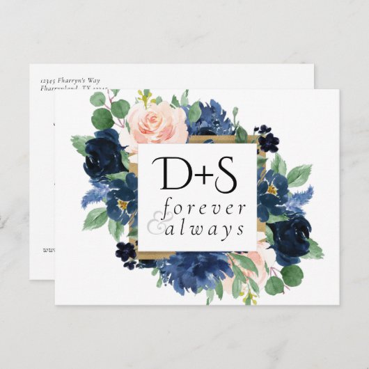 Chique Blooms | Romantische Marine Blauw en Blush  Aankondigingskaart (Voorkant / Achterkant)