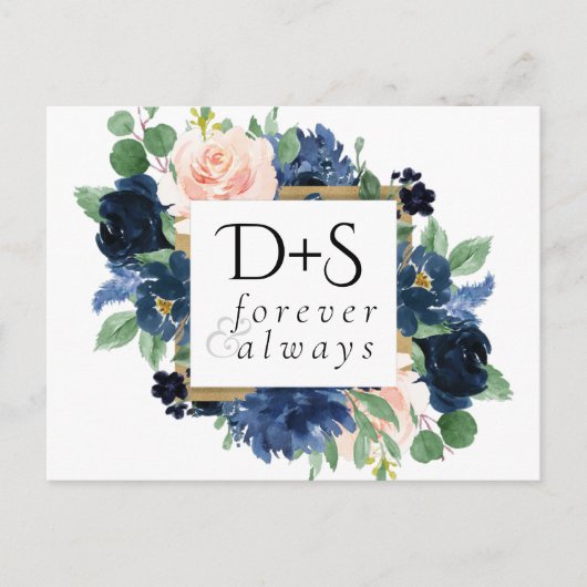 Chique Blooms | Romantische Marine Blauw en Blush Aankondigingskaart (Voorkant)