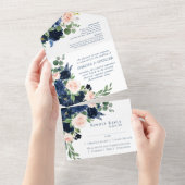 Chique Blooms | Romantische Marine Blauw en Blush All In One Uitnodiging (Afscheurbaar)