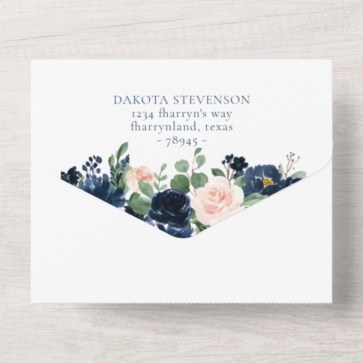 Chique Blooms | Romantische Marine Blauw en Blush  All In One Uitnodiging (Achterkant)