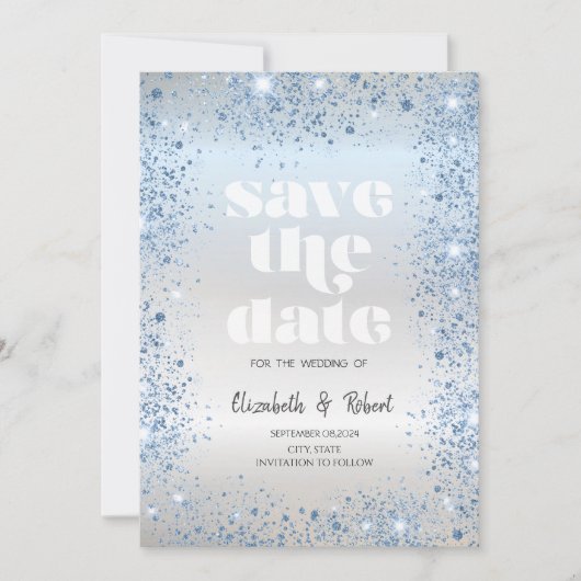Chique Blue Glitter Dust Confetti Sla de datum op Save The Date (Voorkant)