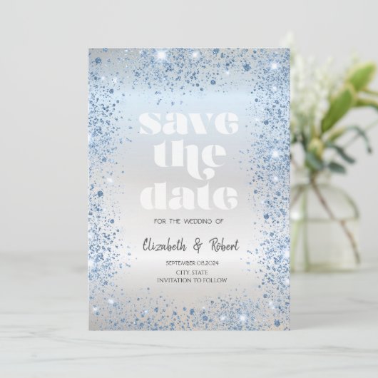 Chique Blue Glitter Dust Confetti Sla de datum op Save The Date (Staand voorkant)