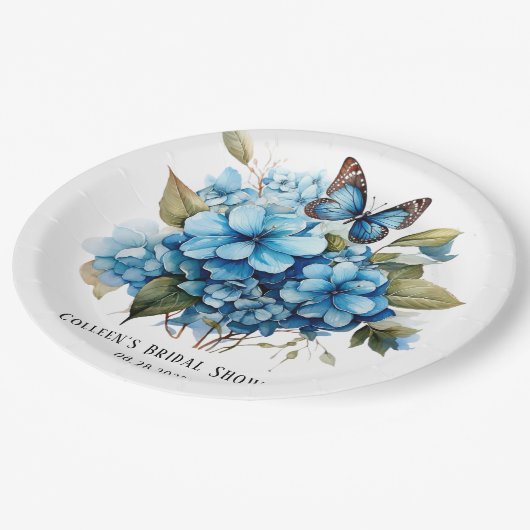 Chique Blue Hydrangea Bloemen Vlinder Vrijgezellen Papieren Bordje (Gekanteld)