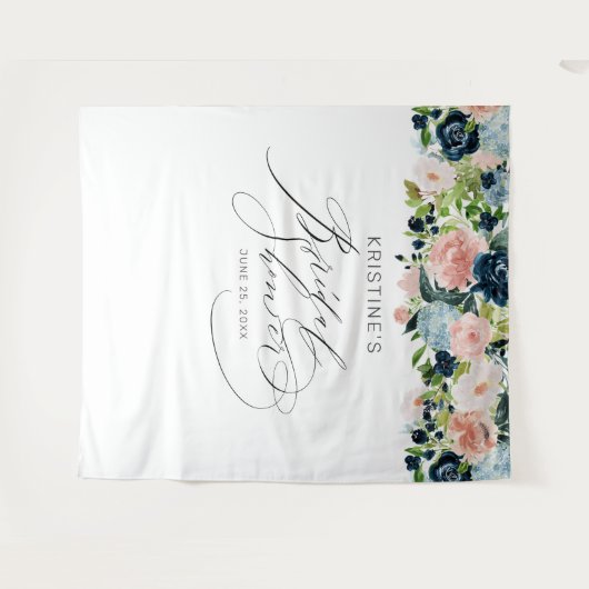 Chique Blush Blauwe Roos Bloemrijke Script Bruidsm Wandkleed (Voorkant (horizontaal))