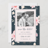 Chique Blush Bloemen Blauw Bruiloft Foto Save the Date (Voorkant)