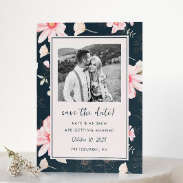 Chique Blush Bloemen Blauw Bruiloft Foto Save the Date