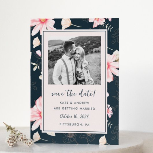 Chique Blush Bloemen Blauw Bruiloft Foto Save the Date