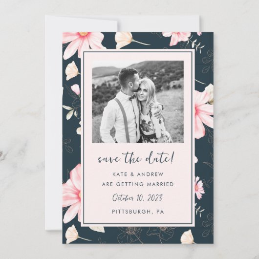 Chique Blush Bloemen Blauw Bruiloft Foto Save the  Save The Date (Voorkant)