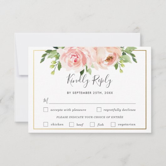 Chique Blush Bloemen Bruiloft Maaltijd Keuze RSVP (Voorkant)