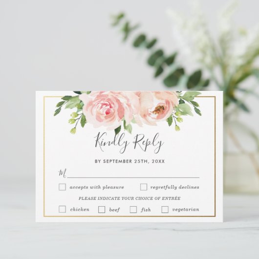Chique Blush Bloemen Bruiloft Maaltijd Keuze RSVP (Staand voorkant)
