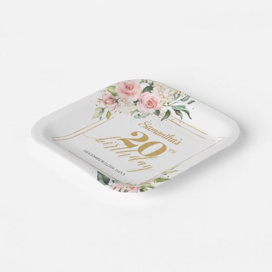 Chique blush bloemen eucalyptus goud 20e verjaarda papieren bordje (Gebogen)