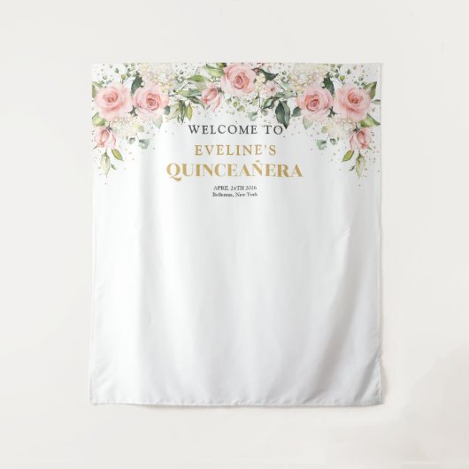 Chique blush bloemen eucalyptus goud Quinceanera Wandkleed (Voorkant)