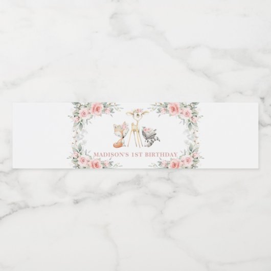 Chique Blush Bloemen Groen Bossen 1e Verjaardag Waterfles Etiket (Enkel label)