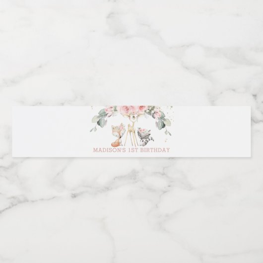 Chique Blush Bloemen Groen Bossen 1e Verjaardag Waterfles Etiket (Enkel label)