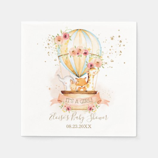 Chique Blush Bloemen Hete Luchtballon Baby Dieren Servet (Voorkant)