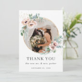 Chique Blush Bloemen Poppy Groen Foto Bruiloft Bedankkaart (Staand voorkant)