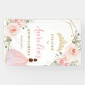 Chique Blush Bloemen Quinceañera Welkom Achtergron Spandoek (Horizontaal)