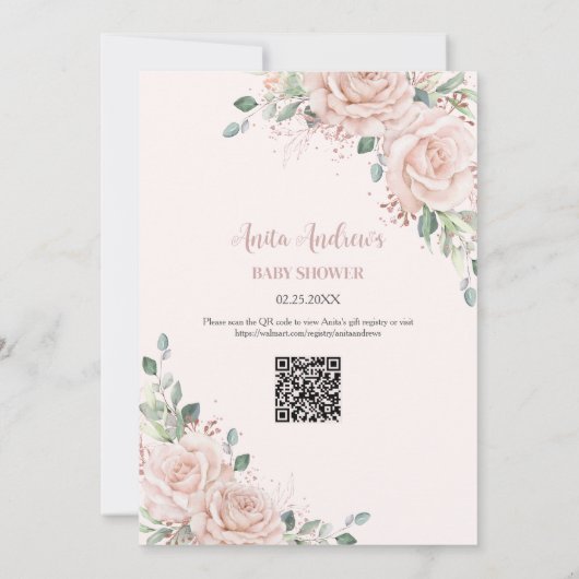 Chique Blush Bloemen Roos Goud Baby shower QR Code Kaart (Achterkant)