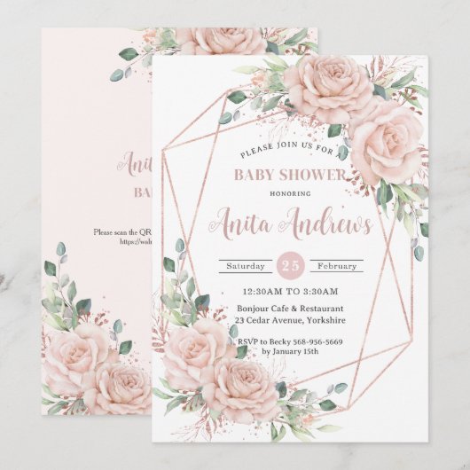 Chique Blush Bloemen Roos Goud Baby shower QR Code Kaart (Voorkant / Achterkant)