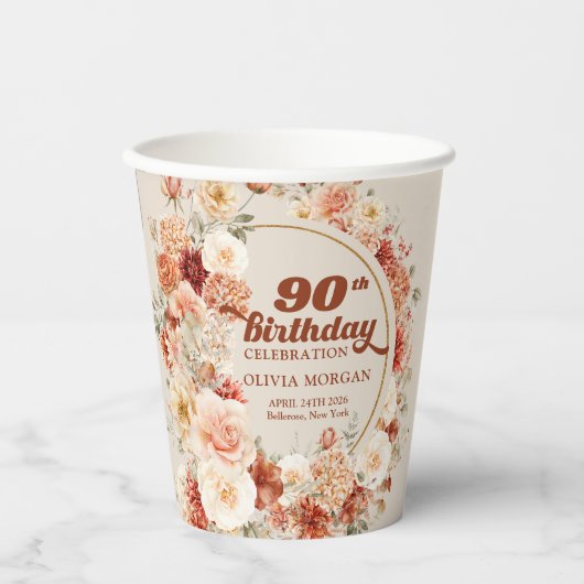 Chique blush bloemeneucalyptus goud 90e verjaardag papieren bekers (Voorkant)