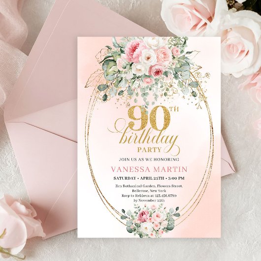 Chique Blush Bloemengroen 90ste Verjaardagsuitnodi Kaart