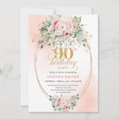 Chique Blush Bloemengroen 90ste Verjaardagsuitnodi Kaart (Voorkant)